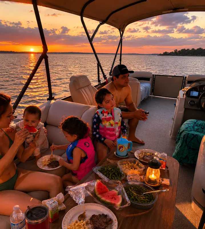 Family dinner on the Veranda V22RC pontoon at sunset on Lake Conroe